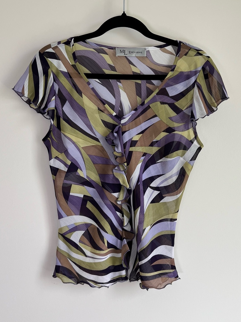 Sheer Whimsy V-Neck Ruffle Front Blouse w/ Flutter / Capped in Olive & Lavender